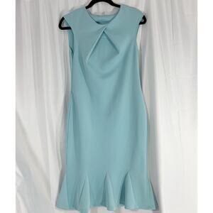 Sleeveless Aqua Blue Sheath Dress – Front Pleat & Flounce Hem, Size M